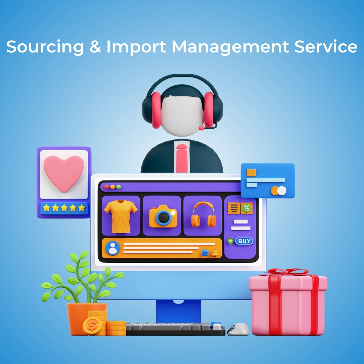 Person with headphones on a computer screen displaying various products, with text 'Sourcing & Import Management Service' on a blue background.