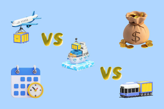 3D illustration comparing air, sea, and rail freight from China to the UK with icons for cost and delivery time — representing ImportMate’s shipping comparison guide.