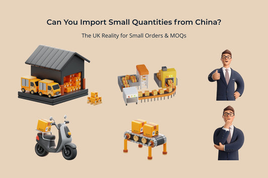 Illustration showing small vs bulk importing from China with factory production, small delivery and UK importer decision concept