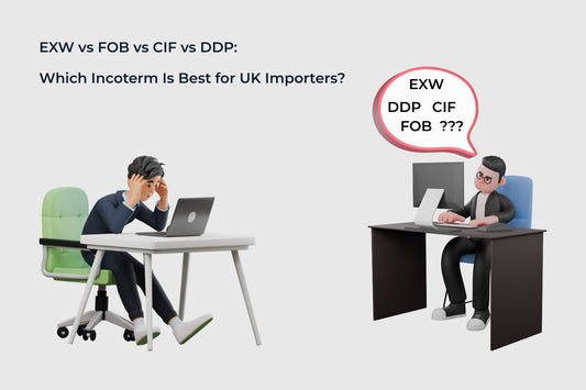3D illustration of confused UK importer choosing between EXW, FOB, CIF and DDP incoterms for importing from China to the UK
