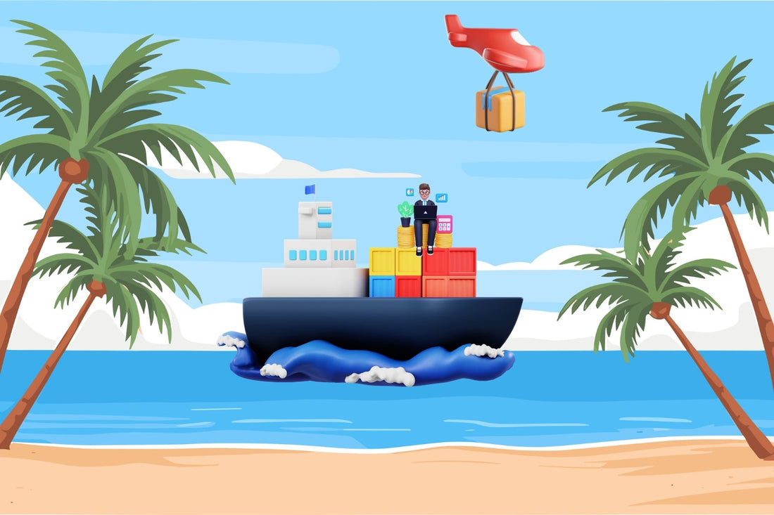 3D illustration of a cargo ship carrying colourful containers, with a businessperson on top using a laptop — representing ImportMate’s global import process.