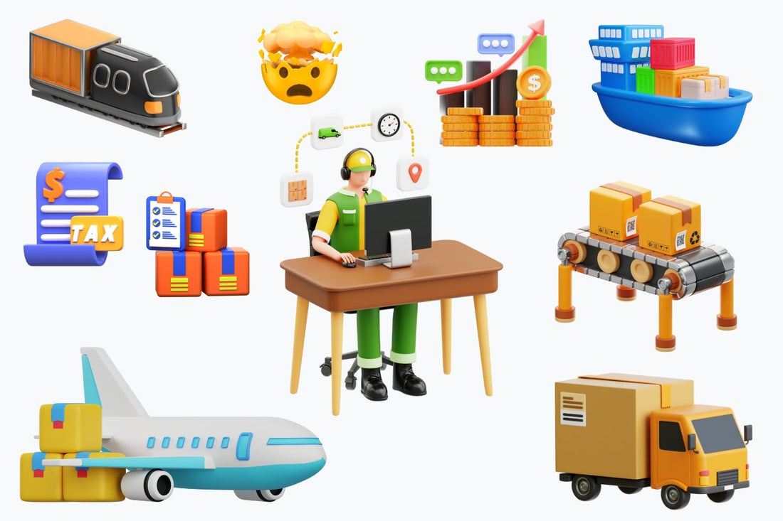 3D illustration of an import manager at a desk surrounded by cargo transport icons, tax documents, and shipping costs — representing ImportMate’s import cost process.