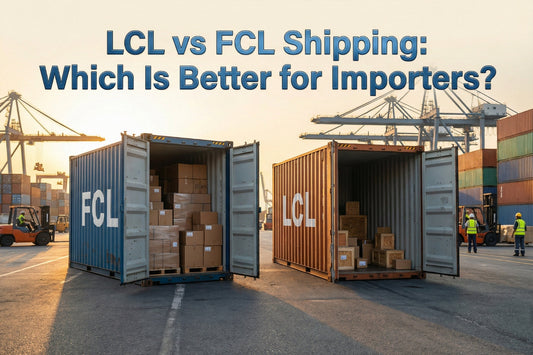 Open shipping containers at a cargo port showing full container load (FCL) and less than container load (LCL) shipping comparison