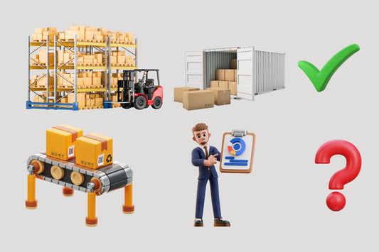 Illustration showing warehouse stock, shipping container, packaging conveyor, and decision process explaining minimum order quantities when importing from China