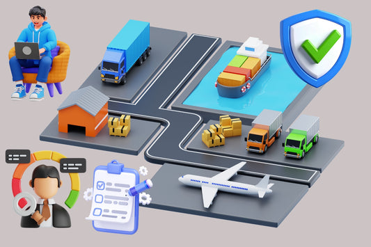 Illustration showing safe product sourcing from China to the UK with supplier verification, quality control, freight transport and delivery process