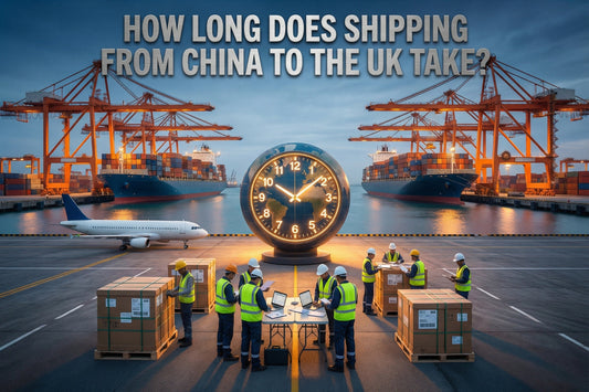 cargo ships, air freight plane and logistics workers representing shipping time from China to the UK