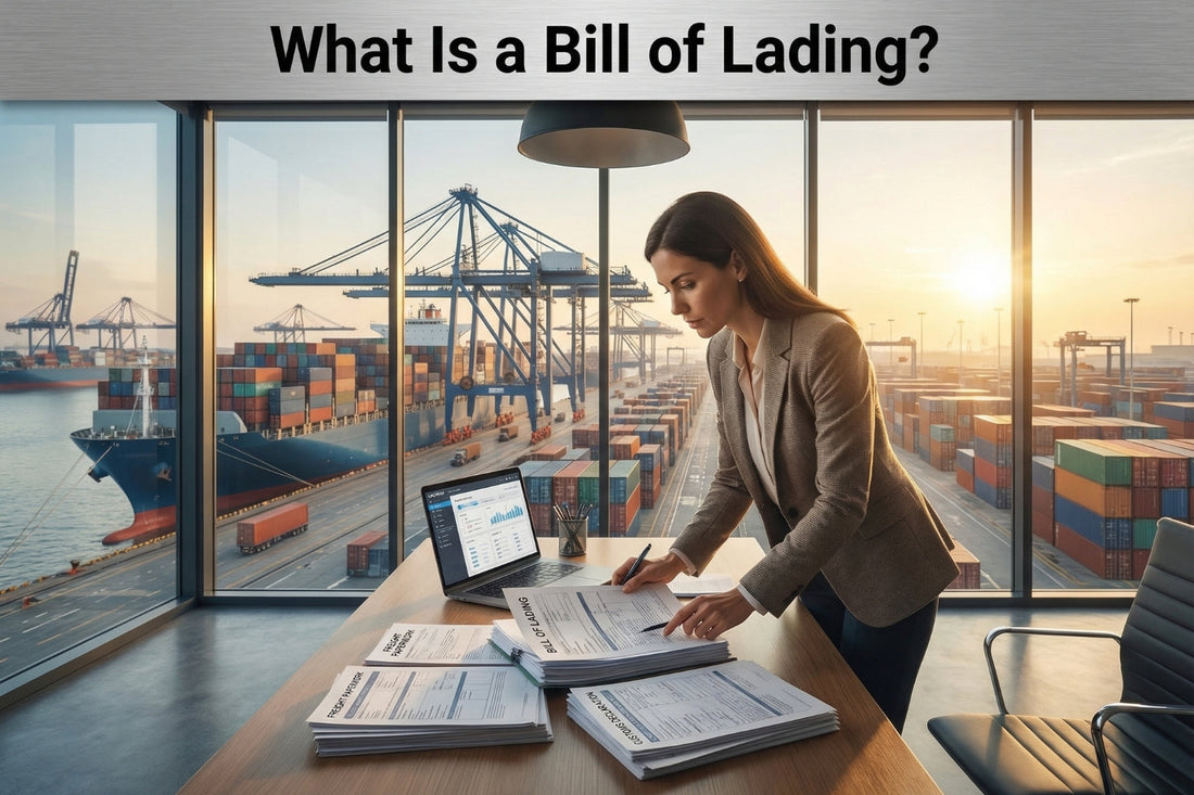 Logistics professional reviewing a bill of lading document in an office overlooking a busy container shipping port