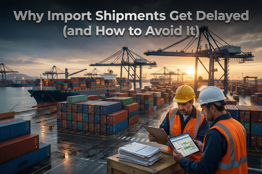 Logistics workers reviewing shipping documents at a busy container port while cargo containers and cranes operate in the background