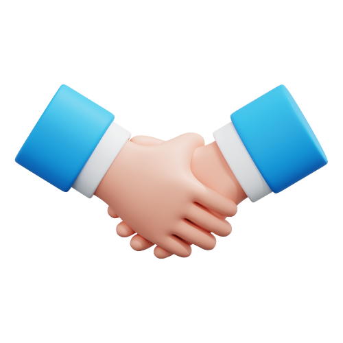 3D illustration of two hands shaking, one with blue sleeves and the other with white sleeves.