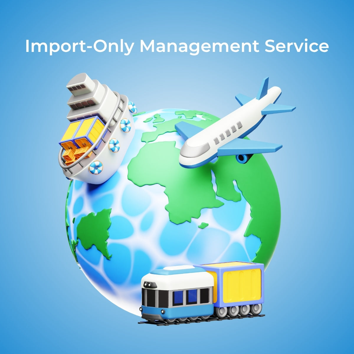 Globe with transportation icons and 'Import-Only Management Service' text on a blue background