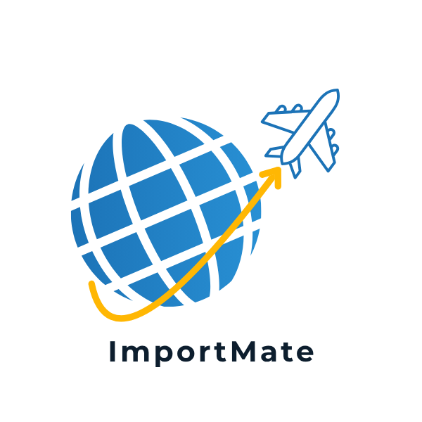 Logo of ImportMate with a globe and airplane on a white background