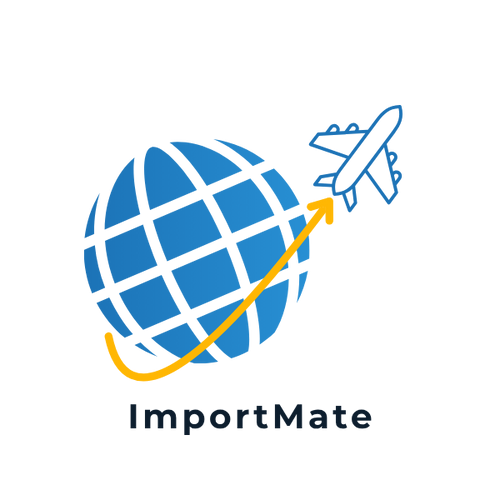 Logo of ImportMate with a globe and airplane on a white background