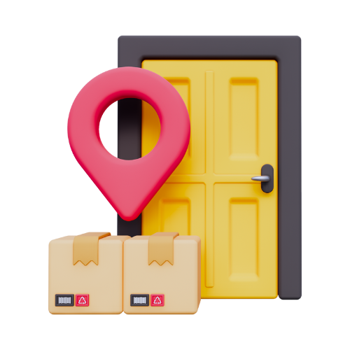 Parcels with a red location pin in front of a yellow door on a white background