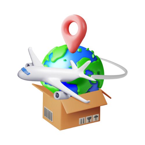 Illustration of an airplane on top of a cardboard box with a world map and a location pin.
