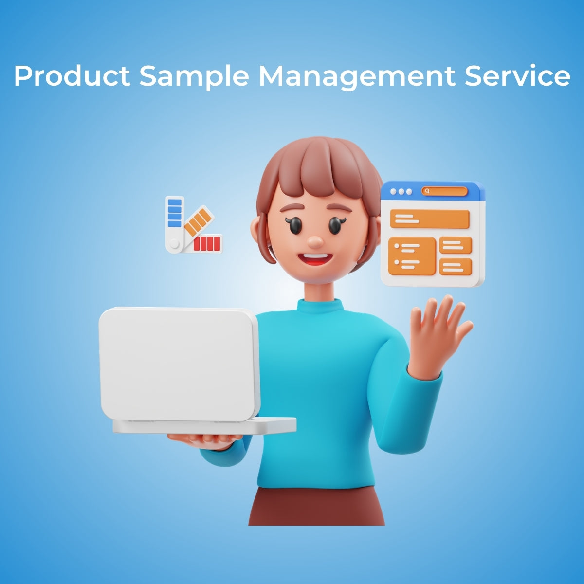 Person holding a laptop with digital icons on a blue background, promoting ImportMate product sample management service.